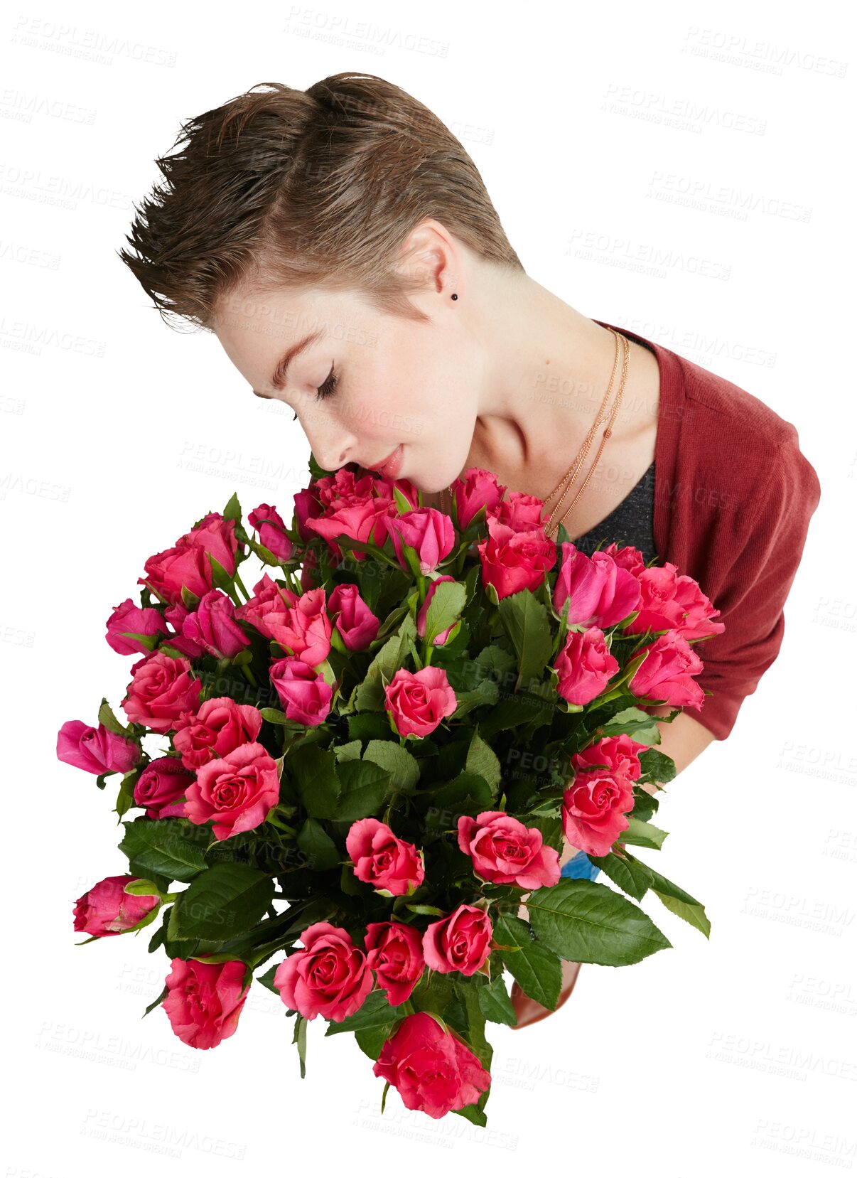 Buy stock photo Isolated woman, bouquet and roses for gift, above and hug with care, love and smell by transparent png background. Girl, model and person with flowers, bush and plants for valentines day present