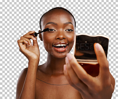 Buy stock photo Makeup, face mirror and black woman with mascara routine, facial cosmetics treatment and eyelash care. Spa salon wellness, lashes brush or African beauty model isolated on transparent, png background
