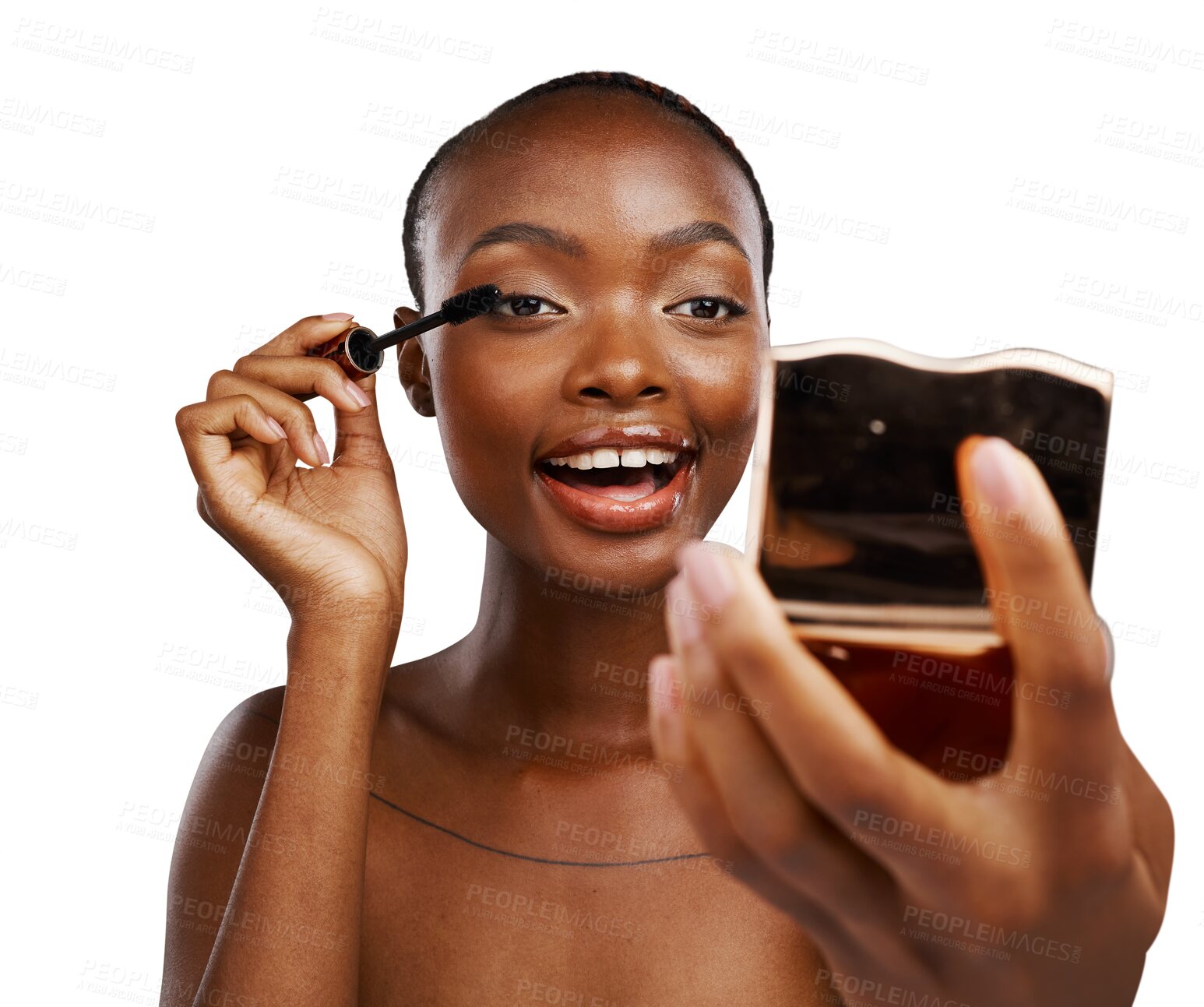 Buy stock photo Makeup, face mirror and black woman with mascara routine, facial cosmetics treatment and eyelash care. Spa salon wellness, lashes brush or African beauty model isolated on transparent, png background