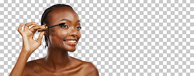 Buy stock photo Isolated African woman, mascara brush and happy for beauty, wellness or vision by transparent png background. Girl, model or person with eyelash makeup application, thinking and aesthetic with tools
