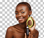 Black woman, portrait and avocado oil with product, natural beau