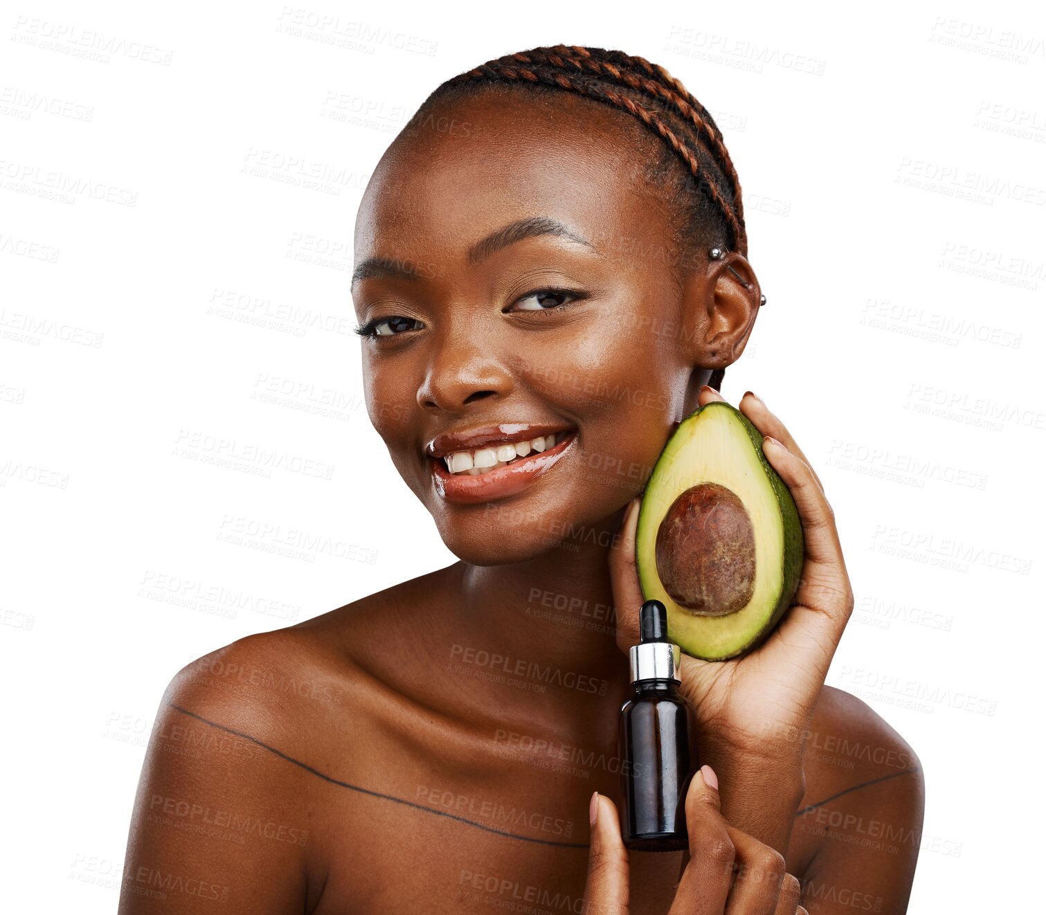Buy stock photo Skincare, portrait and black woman with avocado, oil or results on isolated, transparent or png background. Beauty, face and happy model with product for dermatology, wellness or omega 3 facial