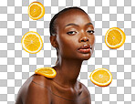 Black woman, skincare or facial treatment with orange, beauty an