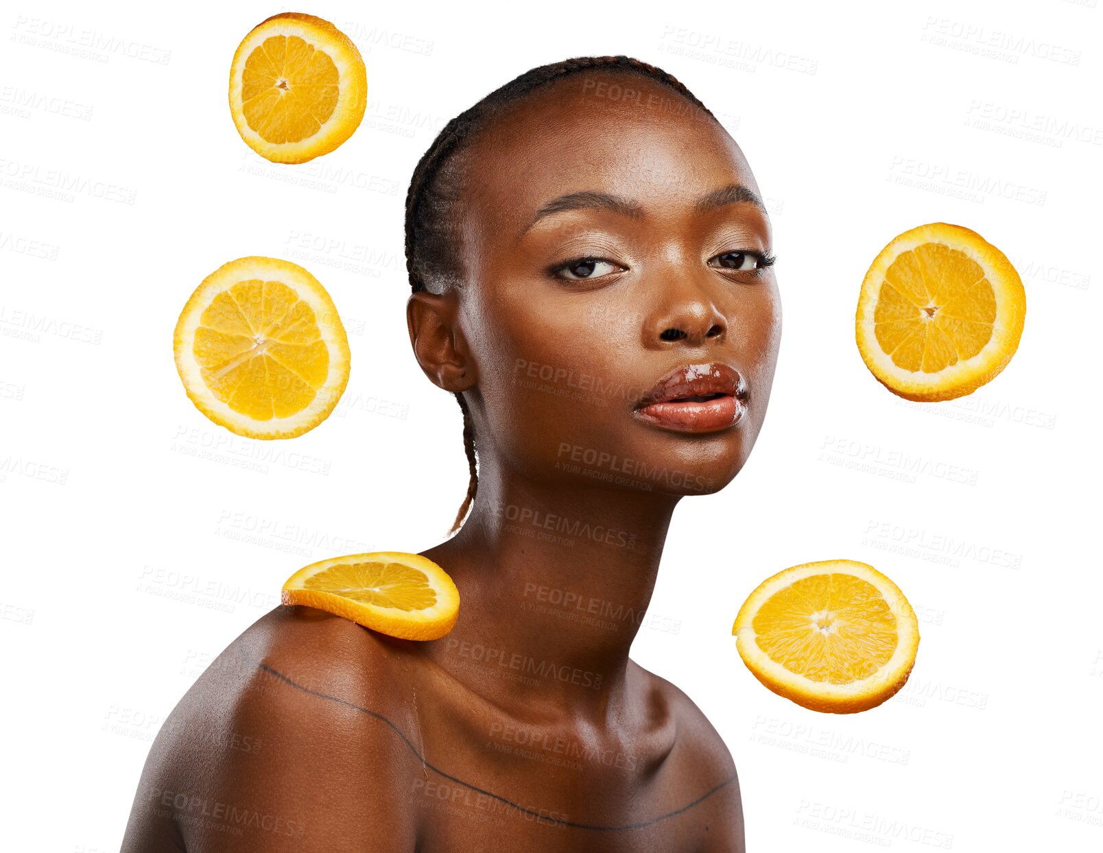 Buy stock photo Black woman, portrait and orange in vitamin c, skincare or spa treatment isolated on a transparent PNG background. Face of African female person with organic citrus fruit for detox, diet or nutrition