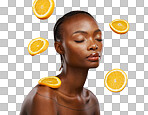 Black woman, skincare and face with orange, vitamin c and cosmet