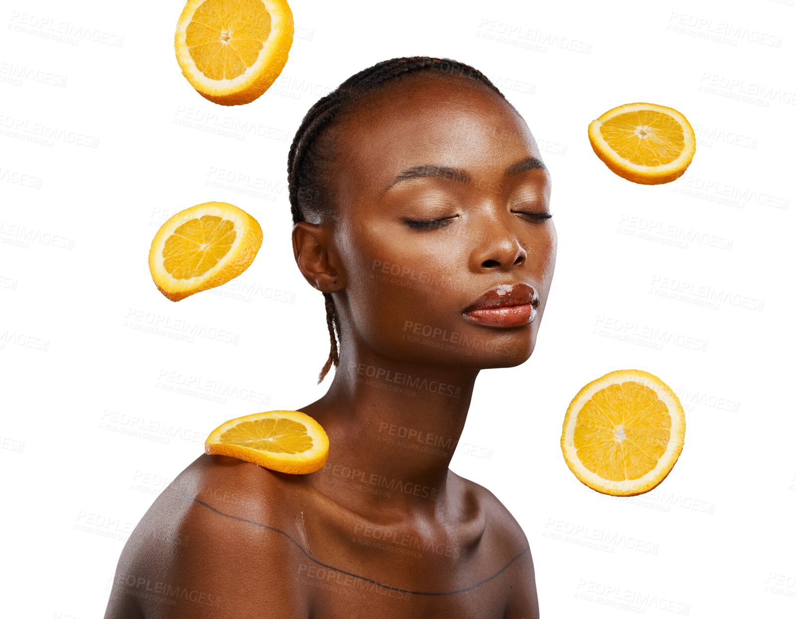 Buy stock photo Beauty, face and black woman with orange fruit for citrus skincare, vitamin c detox and natural wellness. Healthy food, self care and nutritionist eyes closed isolated on transparent, png background