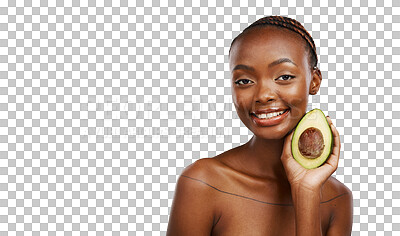 Buy stock photo Portrait, skincare and black woman with avocado, cosmetics or antioxidants on isolated, transparent or png background. Face, beauty or model with natural wellness, omega 3 or DIY dermatology facial