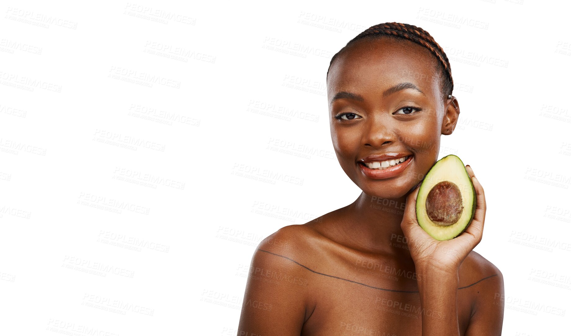 Buy stock photo Portrait, skincare and black woman with avocado, cosmetics or antioxidants on isolated, transparent or png background. Face, beauty or model with natural wellness, omega 3 or DIY dermatology facial