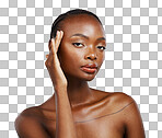 Portrait of black woman, natural beauty or healthy skin for well