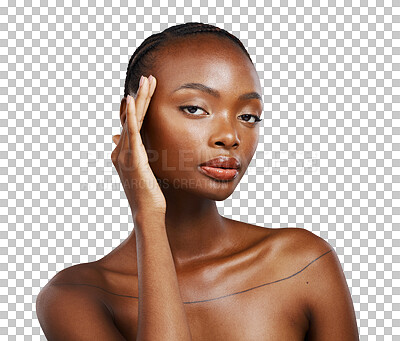 Buy stock photo Woman, portrait and touch face for skincare, aesthetic shine and dermatology isolated on transparent png background. Serious african model, facial beauty and healthy results from collagen cosmetics 
