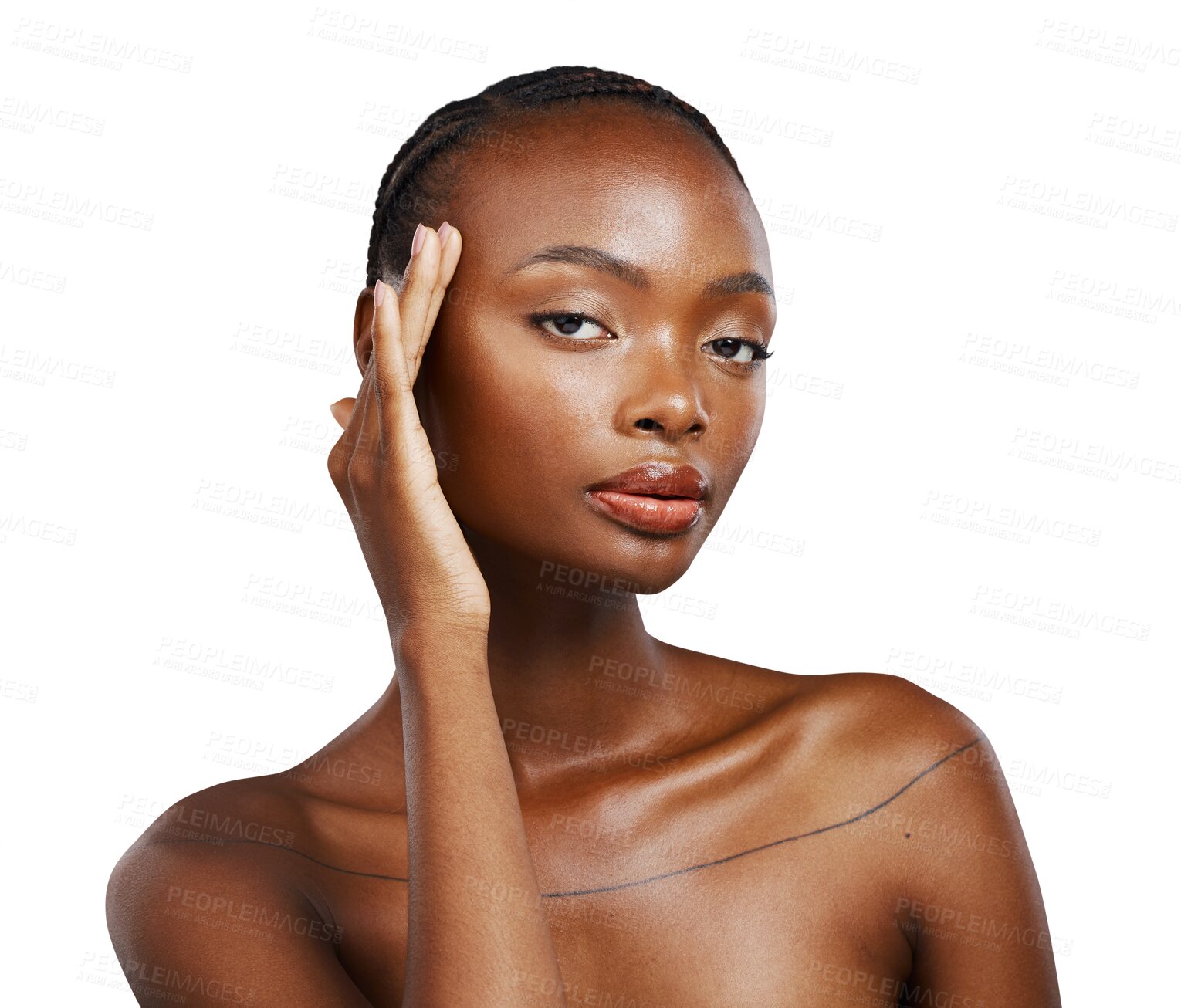 Buy stock photo Woman, portrait and touch face for skincare, aesthetic shine and dermatology isolated on transparent png background. Serious african model, facial beauty and healthy results from collagen cosmetics 
