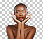 Portrait, aesthetic and hands of a black woman in studio on a gr