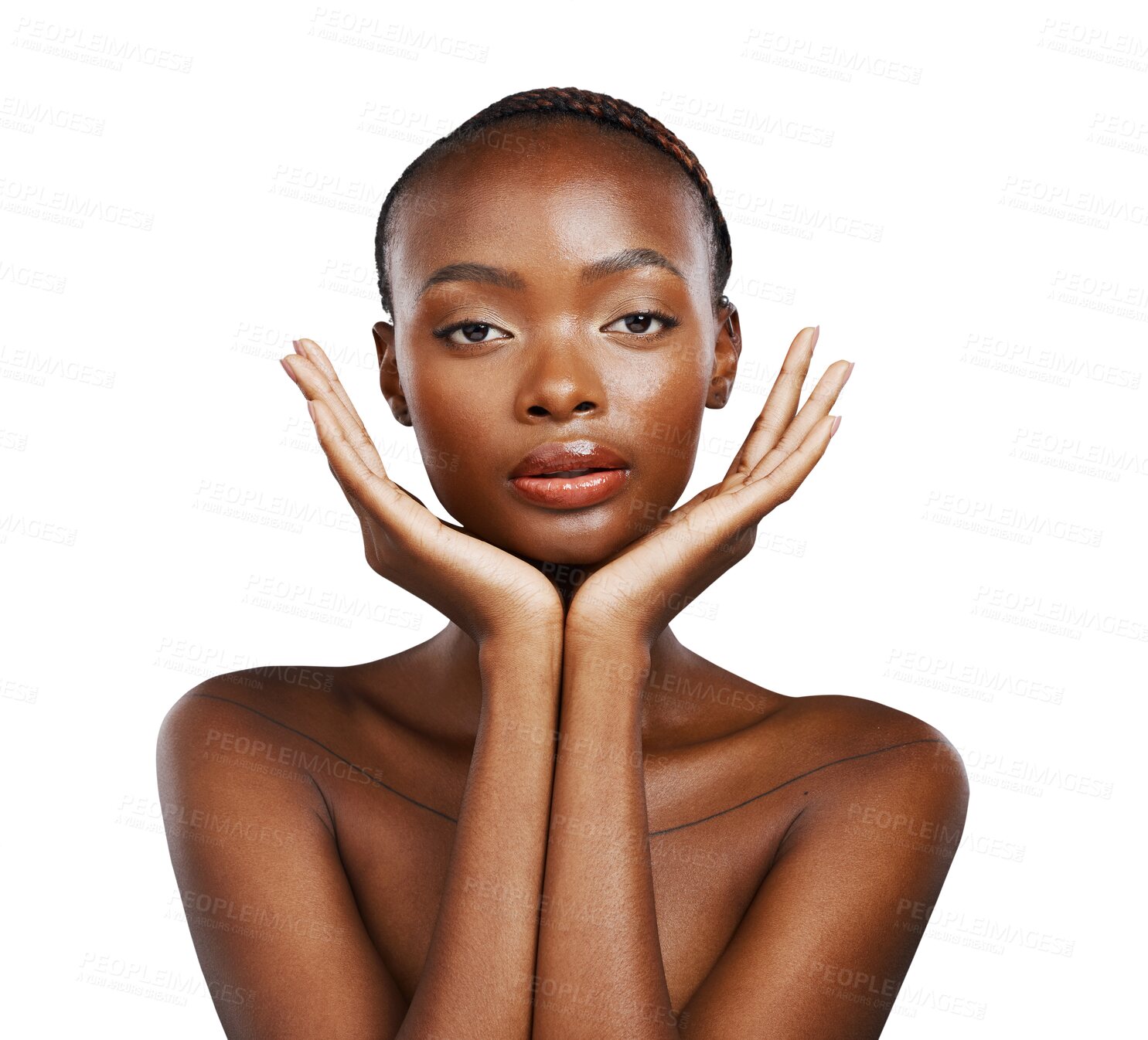 Buy stock photo Black woman, portrait and facial beauty for skincare, aesthetic glow and dermatology isolated on transparent png background. Serious model touch face for healthy shine, collagen cosmetics and results