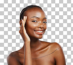 Portrait of happy black woman, natural beauty or smile for welln