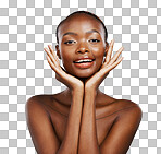 Black woman, face in hands and natural beauty with cosmetics, de