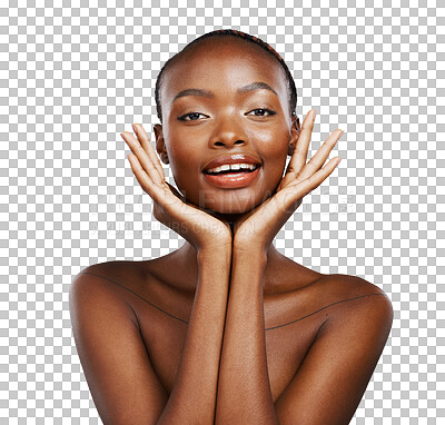 Buy stock photo Portrait, happy and skincare by black woman with beauty, cosmetics or results on isolated, transparent or png background. Hands, face and African wellness model smile for dermatology, shine or glow
