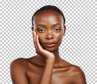 Buy stock photo Black woman, portrait and aesthetic skincare for natural beauty, dermatology and glow isolated on transparent png background. Serious model touch face for shine, healthy results or collagen cosmetics