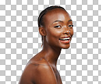 Smile, glow and portrait of a black woman for skincare, dermatol