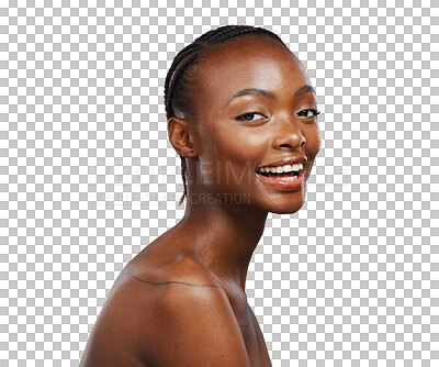 Buy stock photo African woman, smile and portrait with skincare, facial glow and isolated by transparent png background. Girl, model or person with natural aesthetic, cosmetic or change for face with transformation