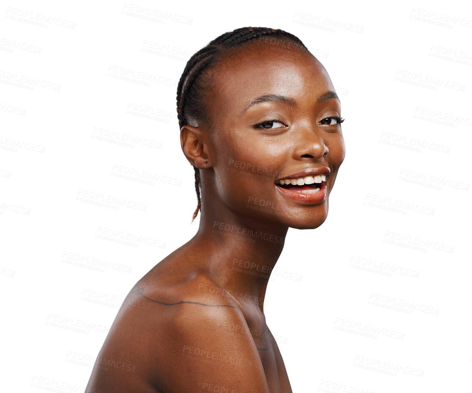 Buy stock photo African woman, smile and portrait with skincare, facial glow and isolated by transparent png background. Girl, model or person with natural aesthetic, cosmetic or change for face with transformation