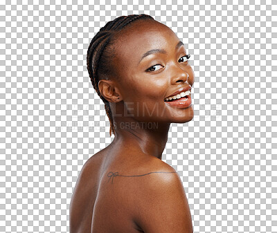 Buy stock photo Black woman, beauty and portrait with back, skincare and isolated with glow by transparent png background. Girl, model or person for natural aesthetic, cosmetic or change for face with transformation