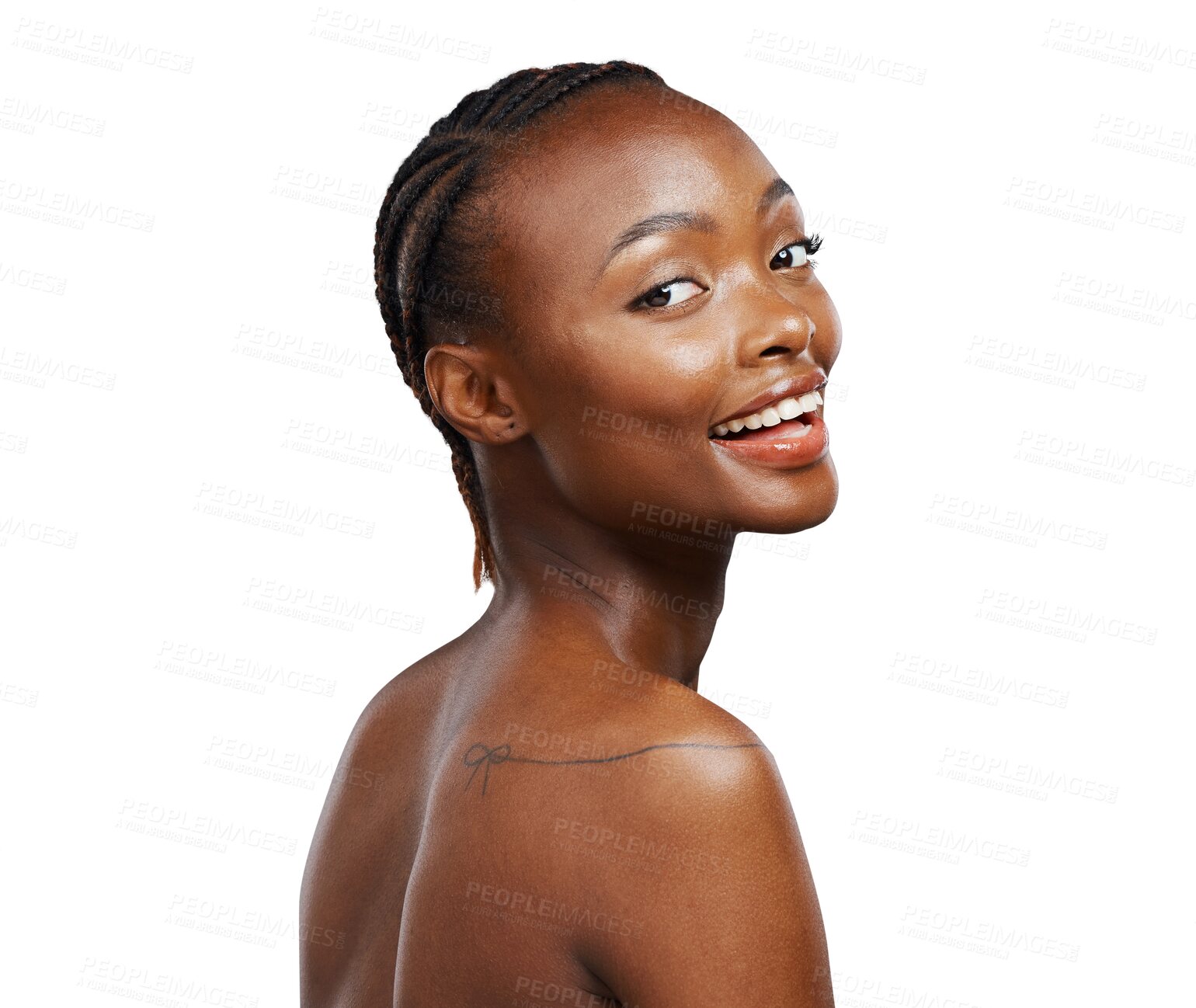 Buy stock photo Black woman, beauty and portrait with back, skincare and isolated with glow by transparent png background. Girl, model or person for natural aesthetic, cosmetic or change for face with transformation