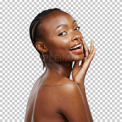 Buy stock photo Black woman, portrait and happy for facial skincare, natural beauty and aesthetics isolated on transparent png background. Model touch face for healthy benefits of collagen, cosmetics and dermatology