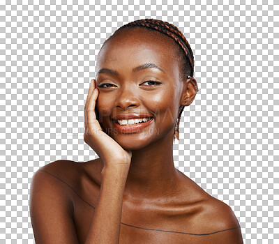 Buy stock photo Black woman, portrait or smile for aesthetic skincare, natural beauty or grooming isolated on transparent png background. Happy model touch face for dermatology, healthy results or collagen cosmetics