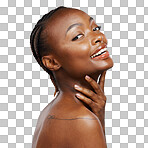 Portrait of black woman, natural smile or wellness in studio wit