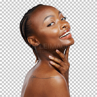 Buy stock photo Black woman, smile and portrait of facial skincare, natural beauty and aesthetic wellness isolated on transparent png background. Dermatology, cosmetics or touch face for healthy benefits of collagen