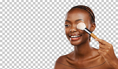 Buy stock photo Isolated African woman, eye shadow brush or happy for beauty, wellness or vision by transparent png background. Girl, model or person with makeup application, thinking or aesthetic with tools
