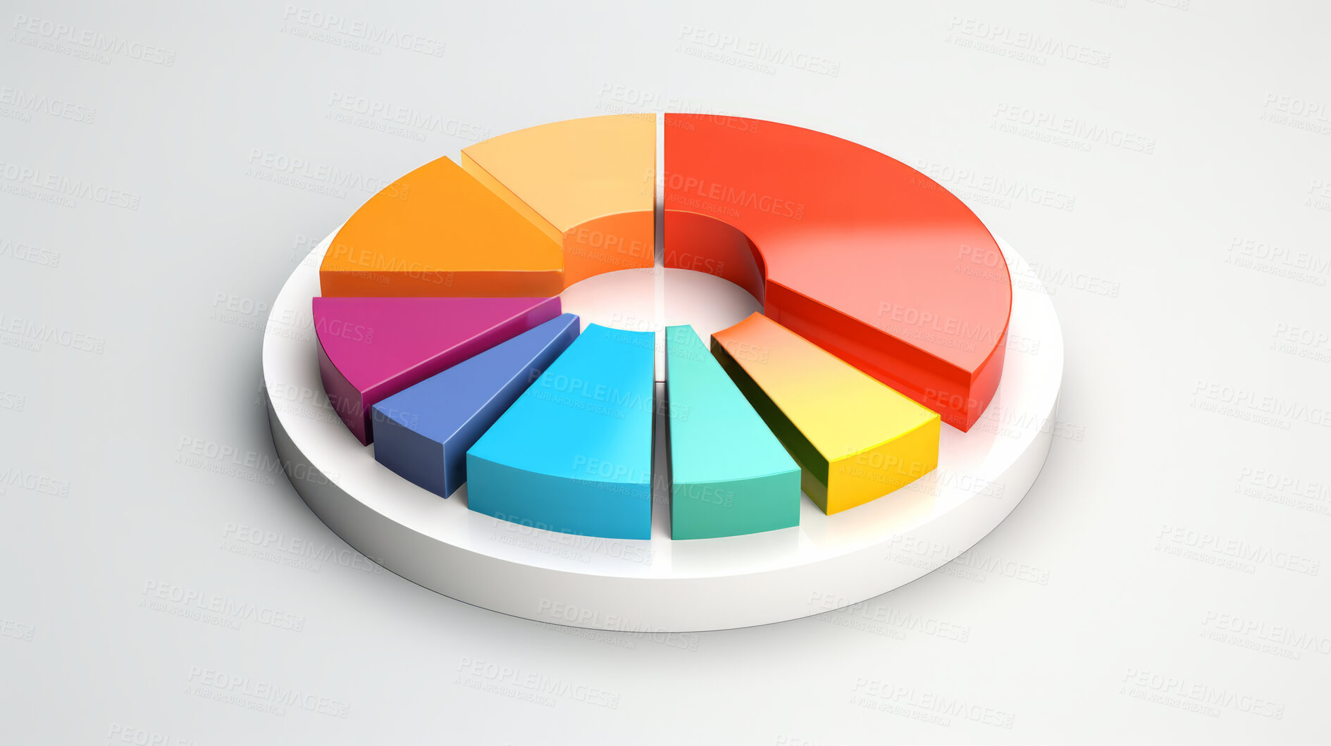 Buy stock photo Colorful pie chart info graphics. Data analysis, or statistics, on a white background. 3D design