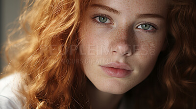Close-up portrait of model. Make-up, freckle skin. Natural light. Fashion, editorial concept.
