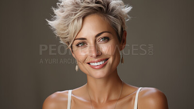 Portrait of happy mature woman on clear backdrop. Fashion, editorial concept.