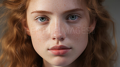 Close-up of model. Make-up, freckle skin. Natural light. Fashion, editorial concept.