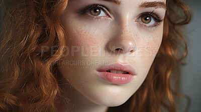 Close-up of model. Make-up, freckle skin. Natural light. Fashion, editorial concept.