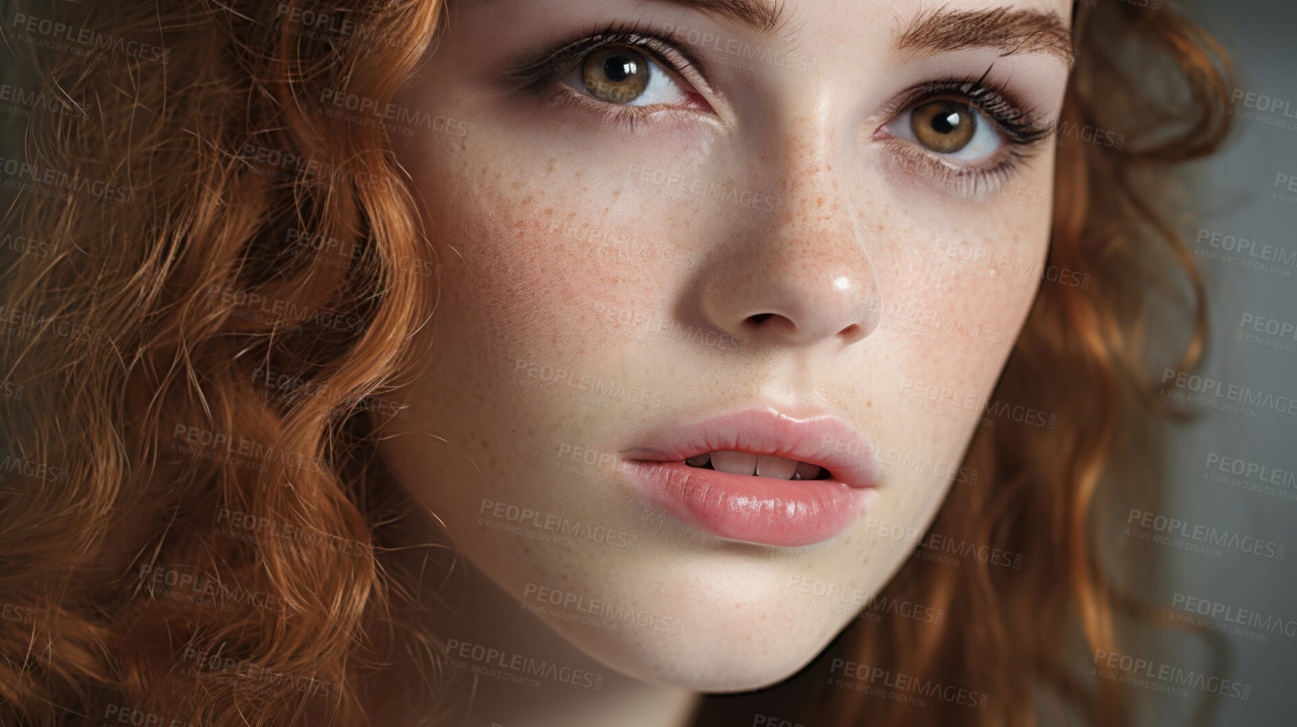 Buy stock photo Close-up of model. Make-up, freckle skin. Natural light. Fashion, editorial concept.