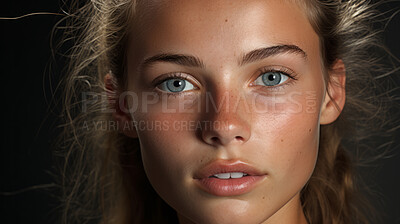 Close-up of attractive model. Make-up, smooth skin. Studio shot. Fashion, editorial concept.