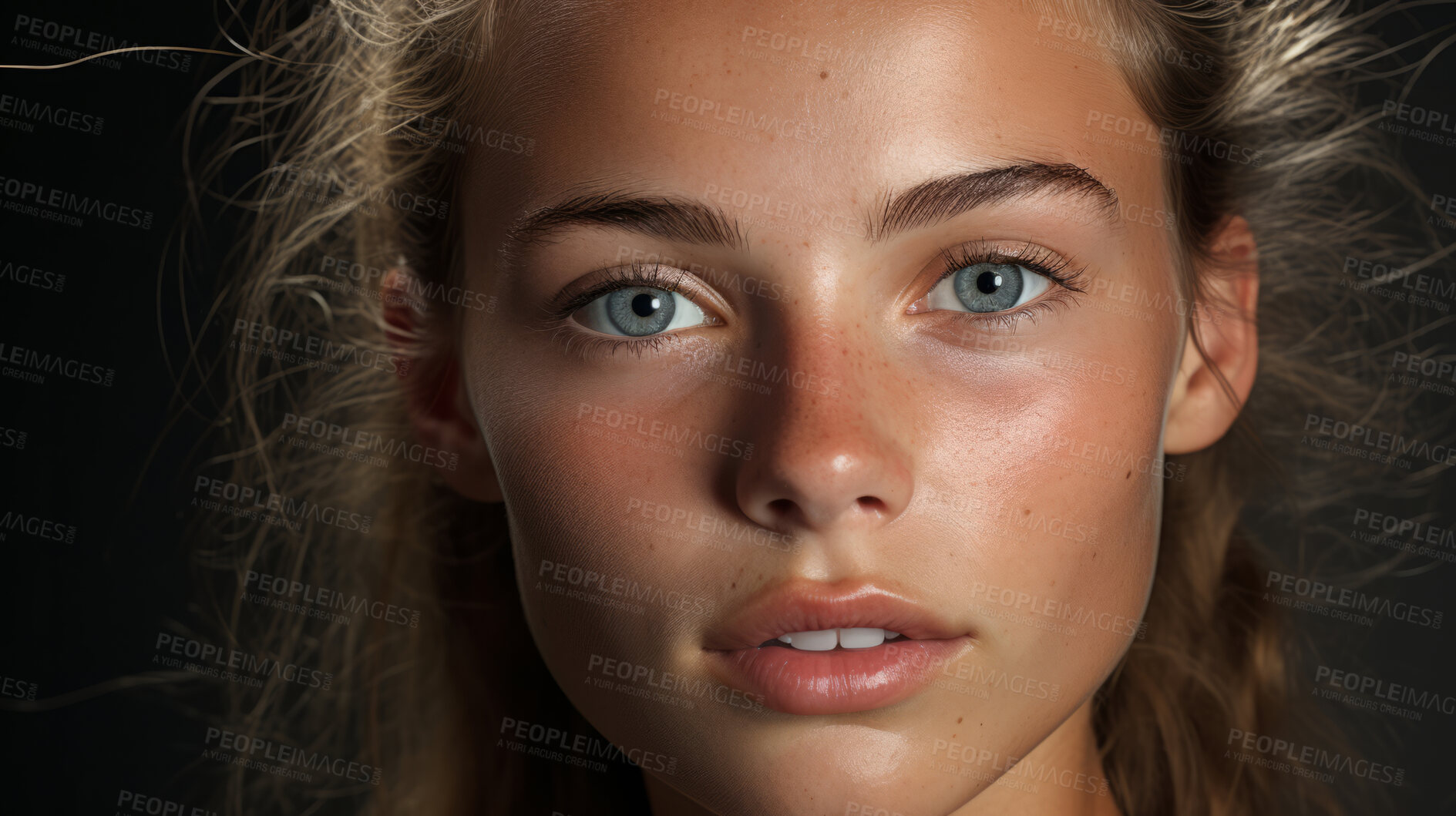 Buy stock photo Close-up of attractive model. Make-up, smooth skin. Studio shot. Fashion, editorial concept.