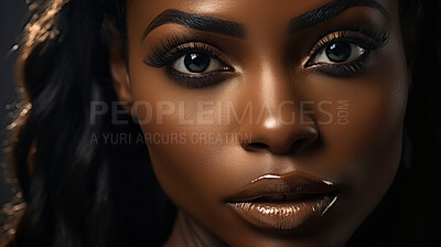 Close-up of african model. Make-up, smooth skin, curly hair. Fashion, editorial concept.