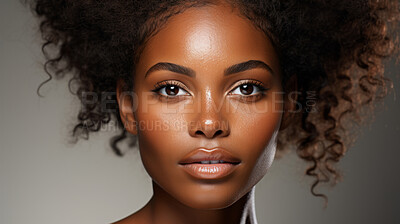 Portrait of african model. Make-up, smooth skin, curly hair. Fashion, editorial concept.