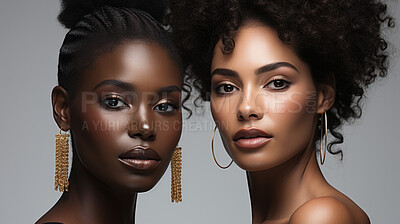 Beauty portrait of two women. Clear backdrop. Fashion, editorial concept.