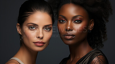 Beauty portrait of two women. Clear backdrop. Fashion, editorial concept.