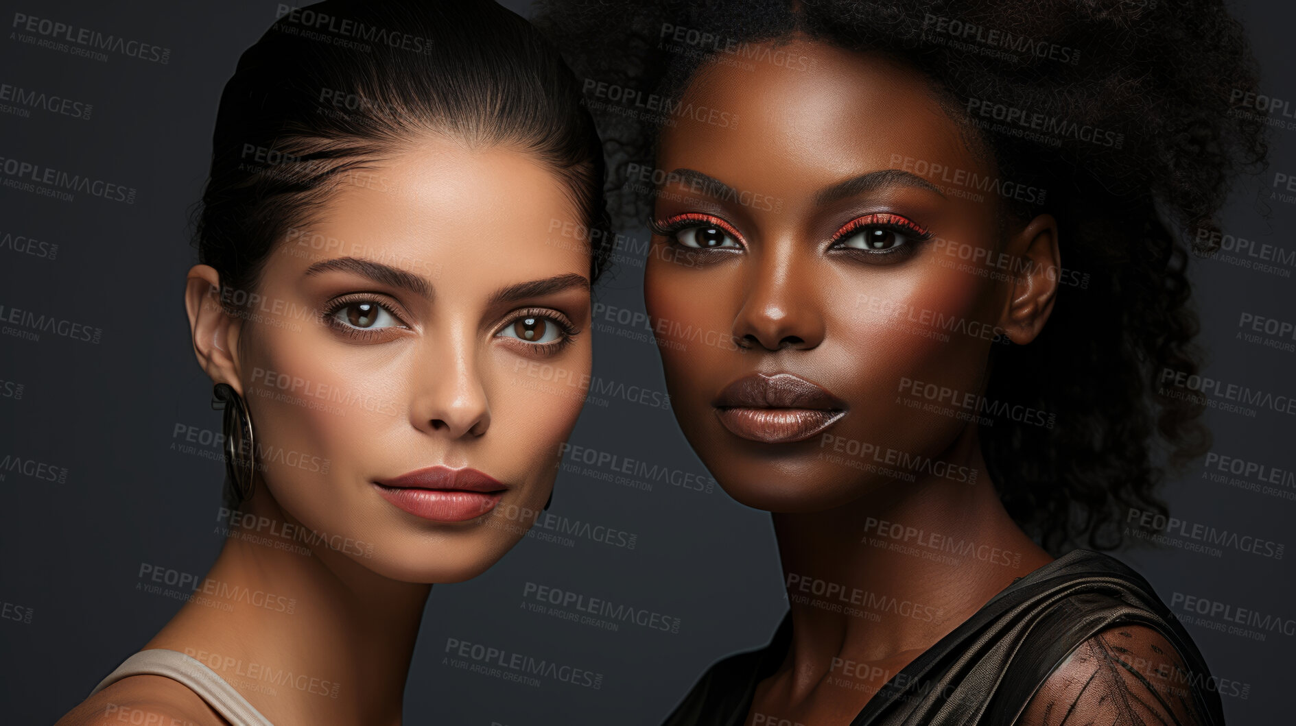 Buy stock photo Beauty portrait of two women. Clear backdrop.  Fashion, editorial concept.
