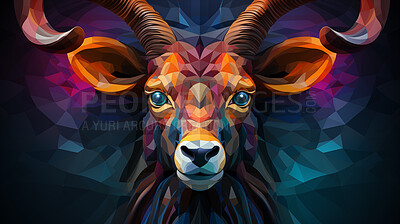 Buy stock photo Colourful geometric illustration of a alpine goat. Poly graphic on black background.
