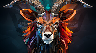 Colourful geometric illustration of a goat. Poly graphic on black background.