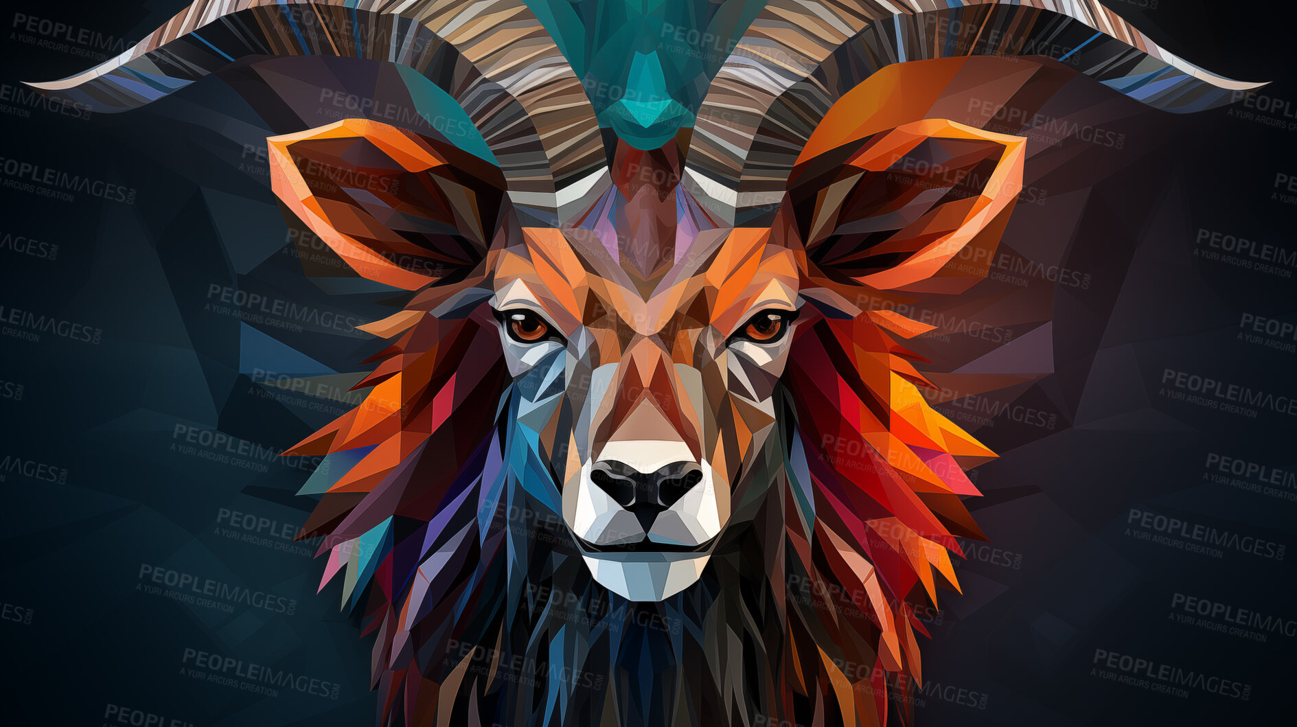 Buy stock photo Colourful geometric illustration of a goat. Poly graphic on black background.