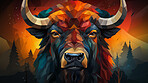Colourful geometric illustration of a bison. Poly graphic on black background.