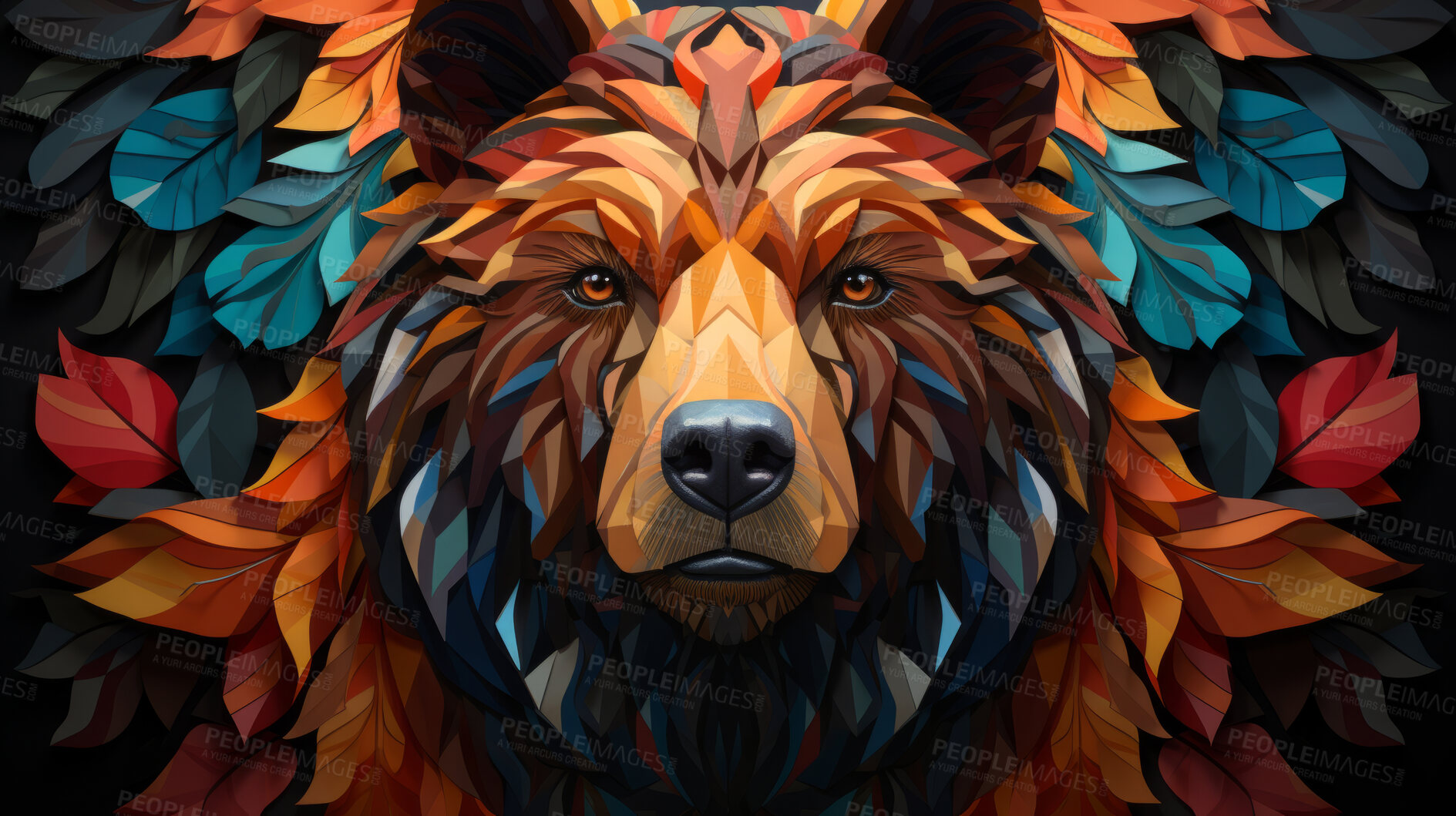 Buy stock photo Colourful geometric illustration of a bear. Poly graphic on black background.