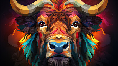 Buy stock photo Colourful geometric illustration of a bull. Poly graphic on black background.